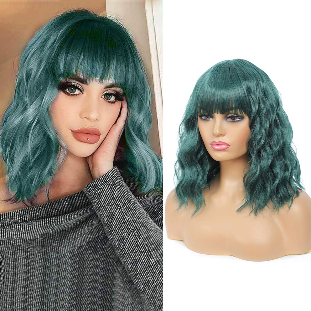 Green Bob Wig with Bangs 14 Inch Synthetic Wavy Curls for Women Natural Hairline Design