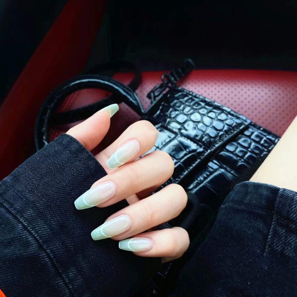 Green Long Coffin Press On Nails With Glue, Gradient French Tip Ballerina Fake Nails 24Pcs