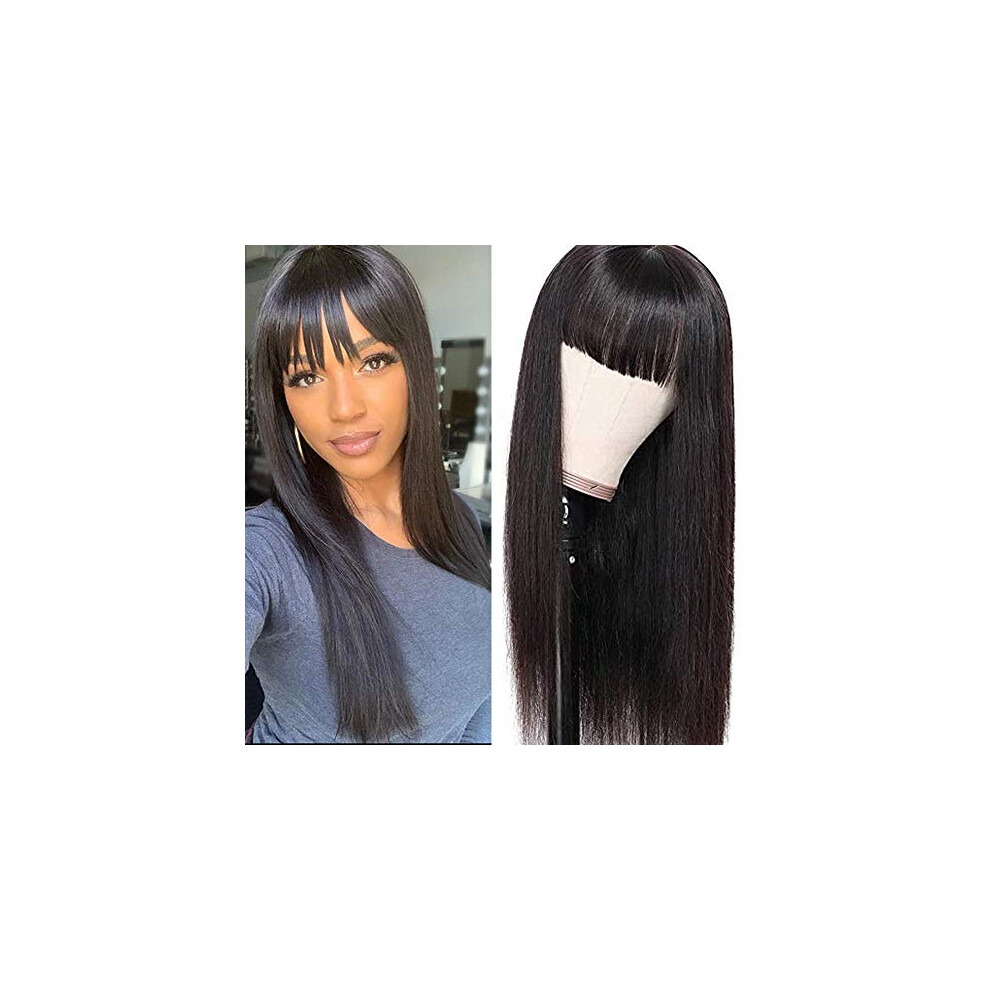 Unisex Black Straight Human Hair Wig With Bangs 14 Inch Brazilian Natural 130% Density Glueless Fit