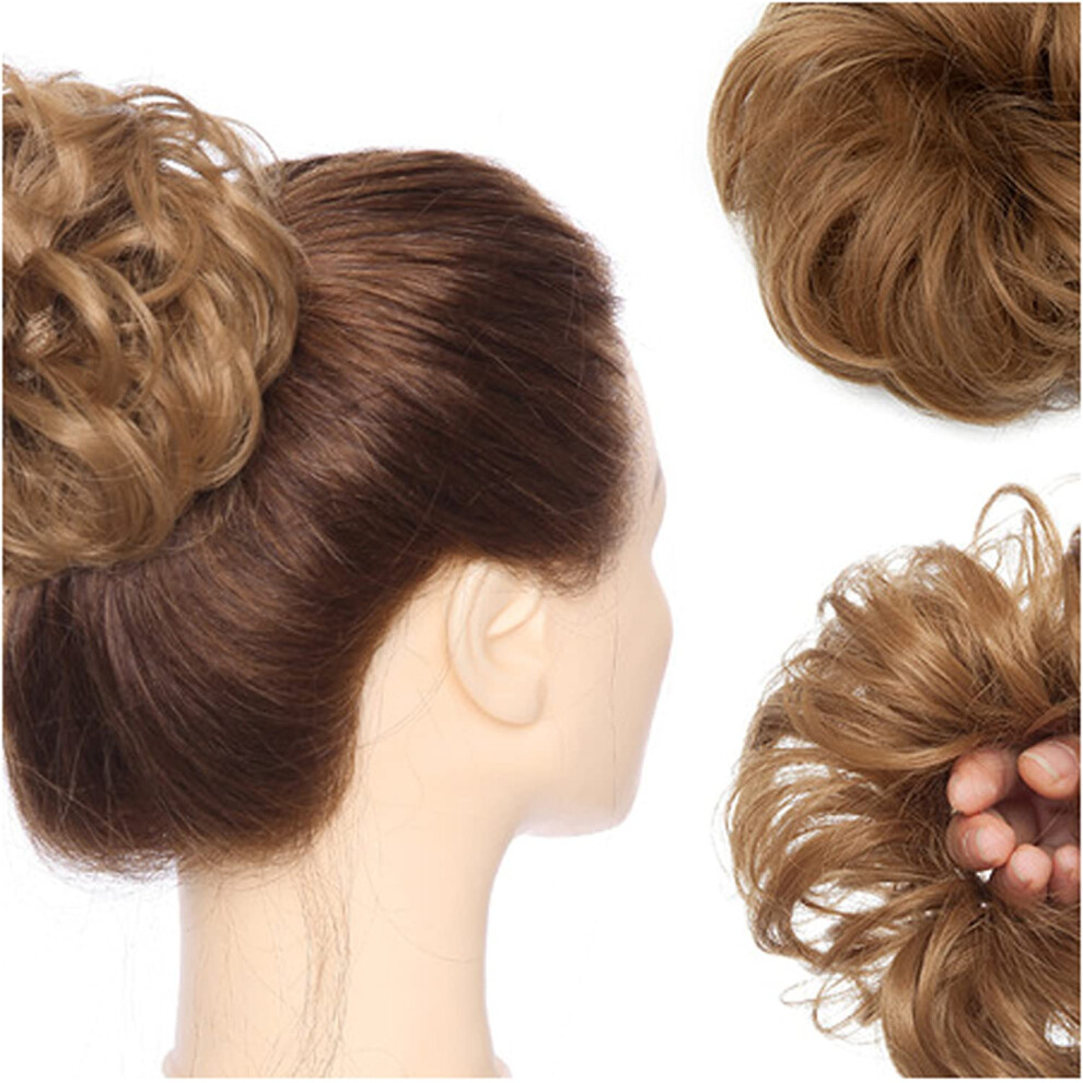 Unisex Light 100% Human Hair Bun Extension Messy Wavy Curly Hairpiece Butterscotch Blonde Updo