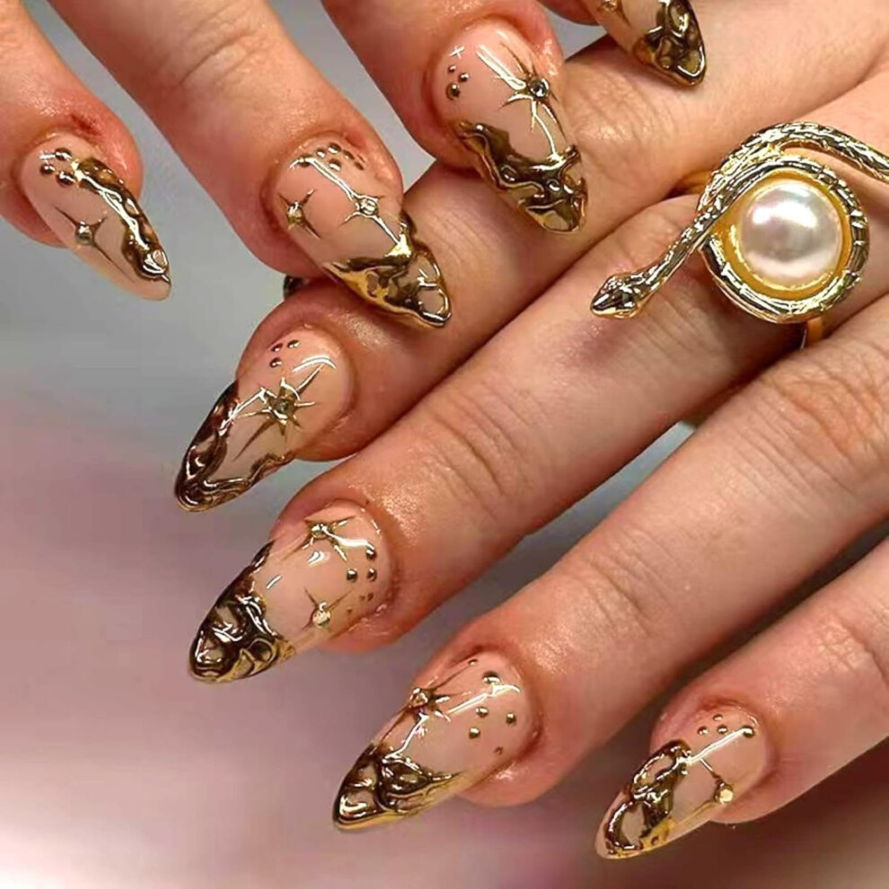 Gold French Tip Press On Nails Medium Almond Fake Nails With Rhinestones Reusable 24Pcs