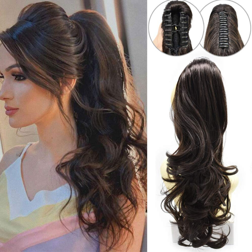 Unisex Black Ponytail Hair Extension 22 Inch Long Curly Wavy Synthetic Drawstring Clipin 1B Off