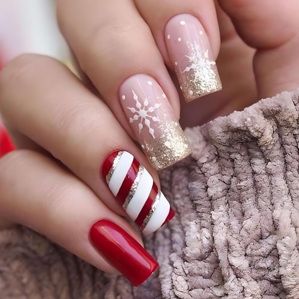 Christmas Press On Nails Medium Square Snowflake Glitter Holiday Fake Nails Set 24 Pcs
