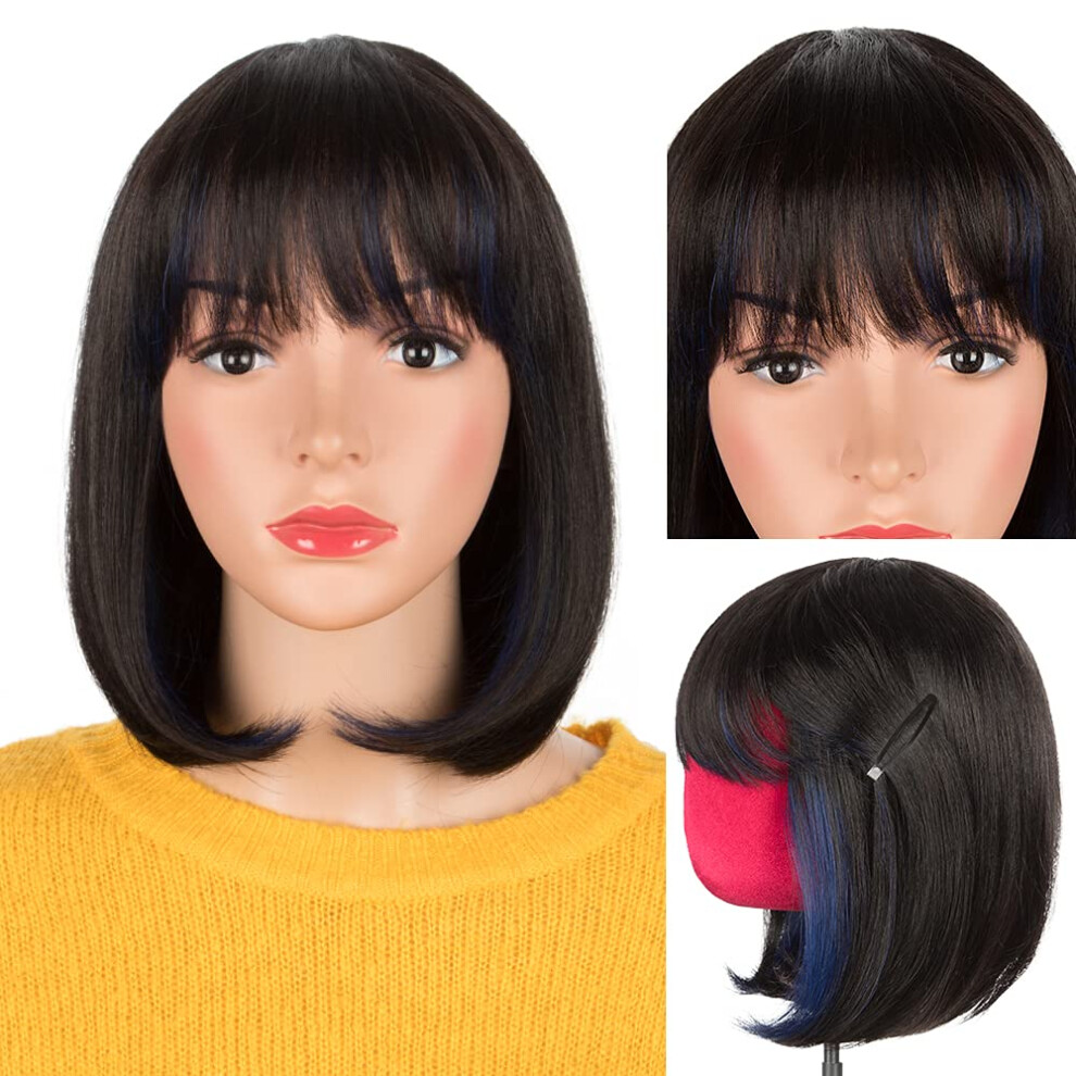 Human Hair Bob Wig 10 Inch Straight with Bangs Brazilian Virgin Hair for Black Women Blue Highlights