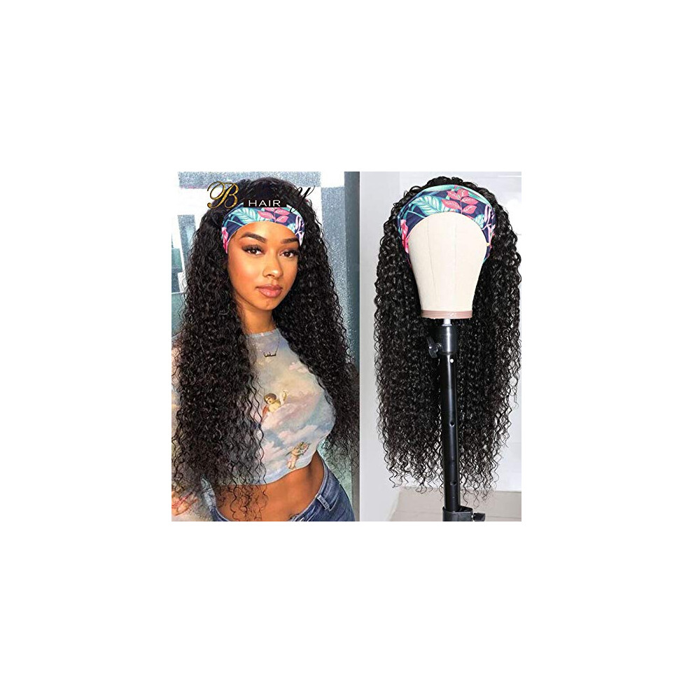 Unisex Black 18 Inch Human Hair Water Wave Headband Wig Glueless Natural Hairline For Women