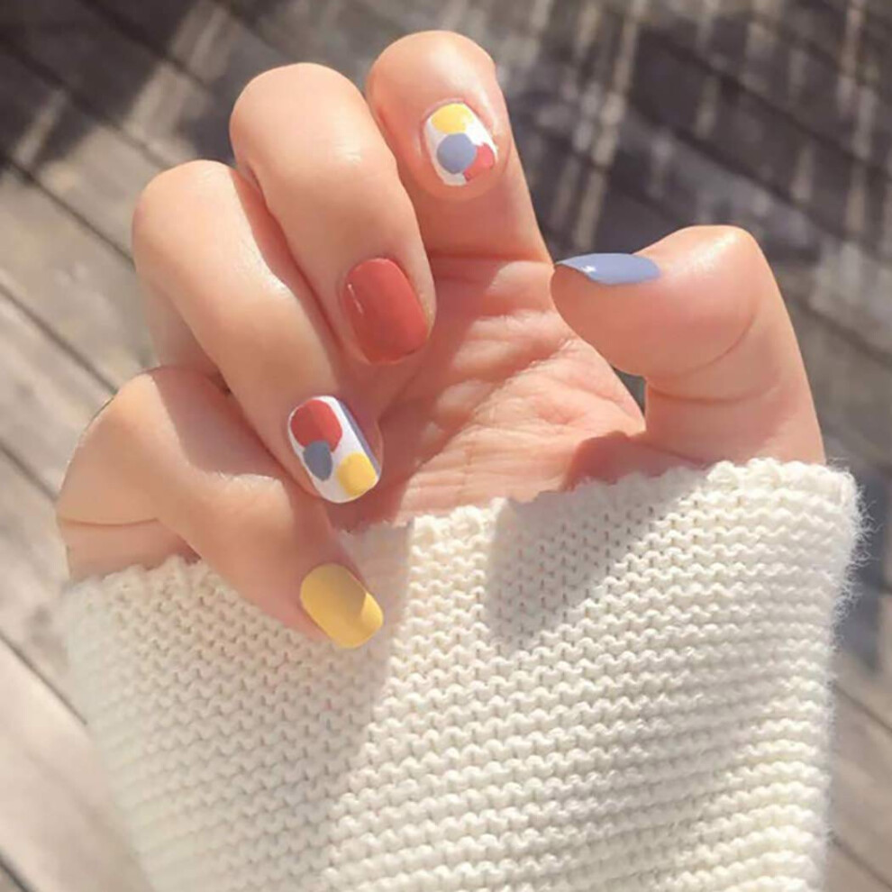 Glossy Short Square Press on Nails, 24pcs Colorful Fake Nails for Women with Adhesive Stickers