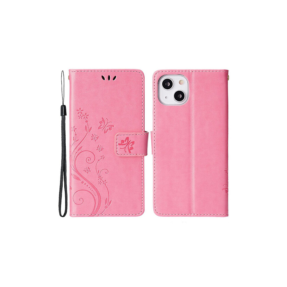For Compatible With Iphone 15 Imprinted Butterflies Mobile Phone Stand Case Pu Leather Wallet Case With Strap Pink 9164030567559