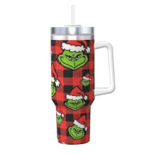 Gobelet isotherme personnalisé de 1,2 L avec anse et paille - Tasse à café de voyage en acier inoxydable - Compatible avec couvercle - Cadeau pour