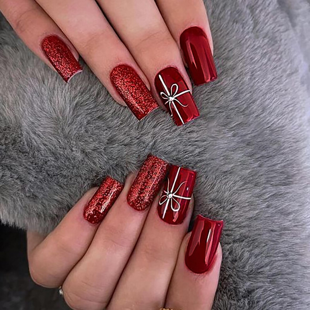 Red Christmas Press On Nails Medium Ballerina Fake Nails With Bow Glitter Holiday 24Pcs