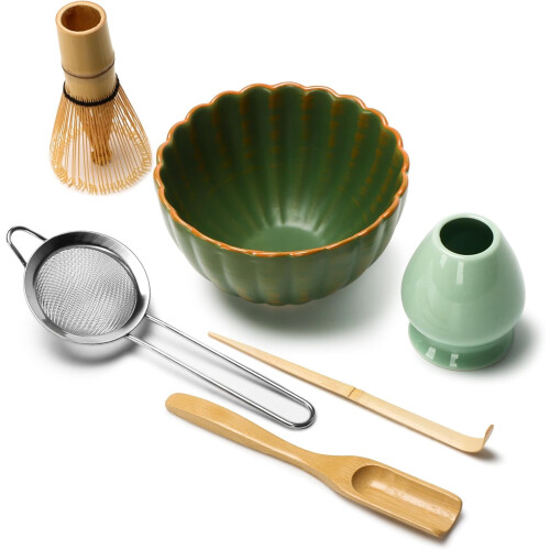 Set da matcha giapponese da 6 pezzi con frusta in bambù, paletta, setaccio e supporto (blu) 1