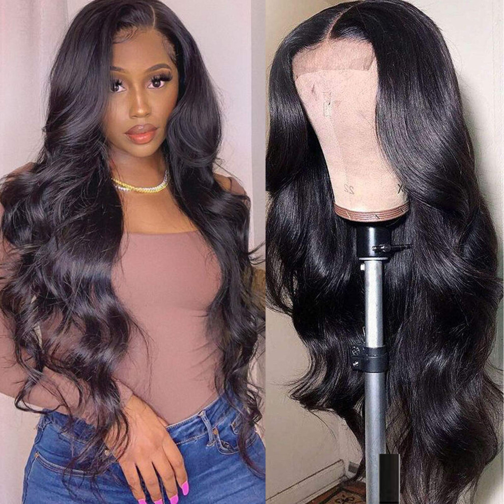 Unisex Black 16 Inch Brazilian Body Wave Lace Closure Wig 4X4 Remy Human Hair With Preplucked Baby Hair