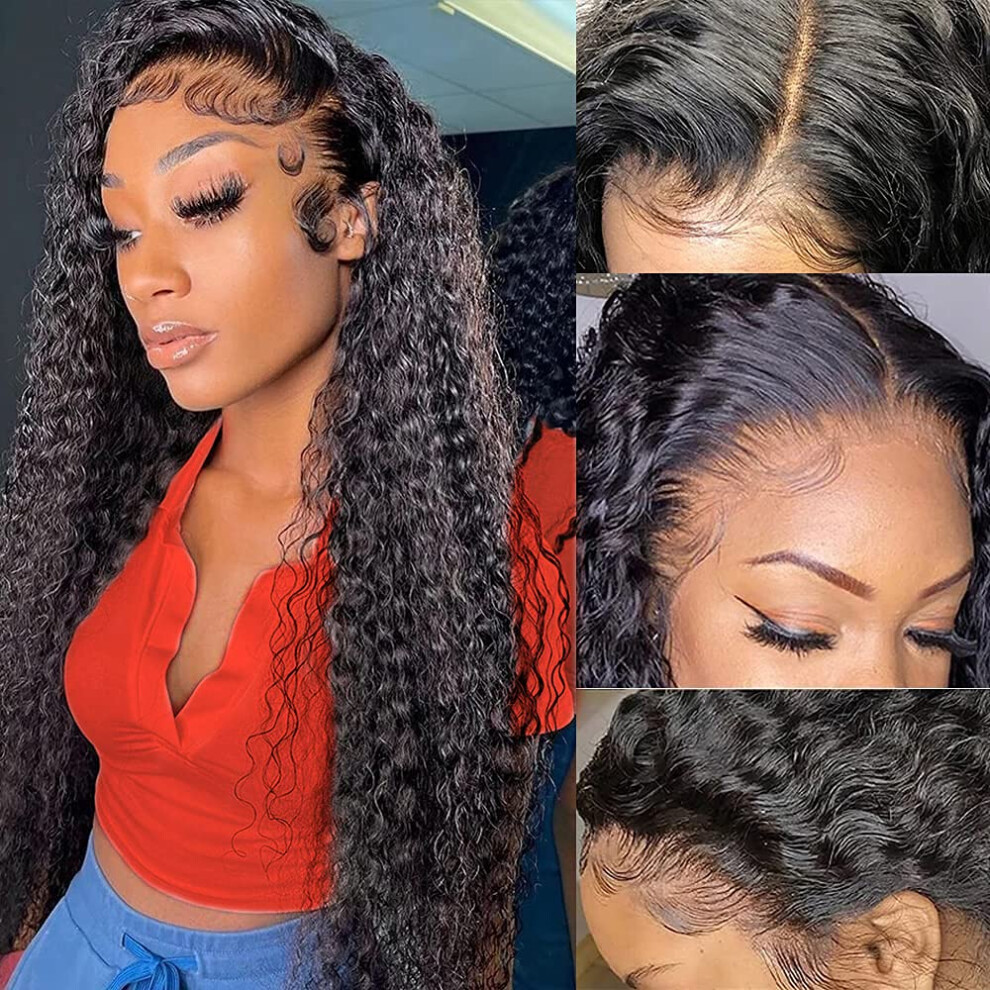 Unisex 26 Inch Deep Wave Lace Front Wig Brazilian Human Hair Glueless 180% Density Preplucked