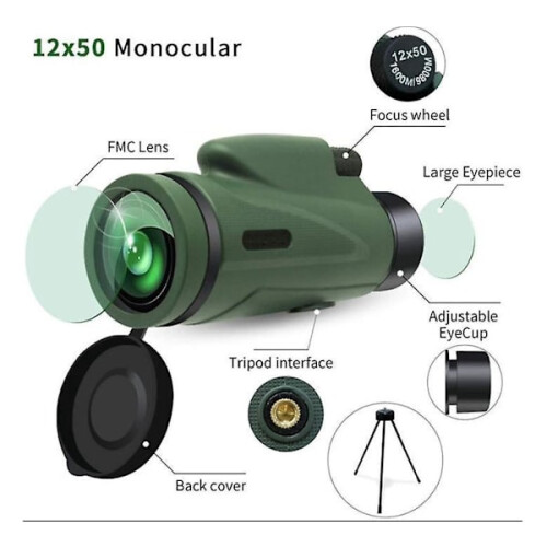 Αδιάβροχο μονοφθάλμιο τηλεσκόπιο Green12x50HD με βάση τηλεφώνου και τρίποδο για 1