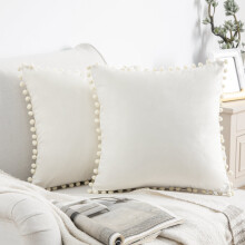 Phantoscope Throw Pillow with Insert，Silky Velvet Series Pom Pom Decorative pillow, 18" x 18", Off White, 2 Pack