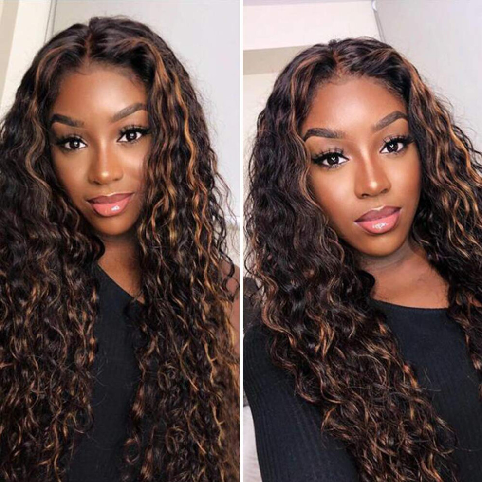 Unisex Brazilian Human Hair Lace Front Wig 13X4 Highlight Wavy 150% Density Glueless Natural Hairline 22 Inch