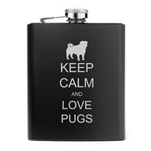 Petaca de acero inoxidable de 7 oz con el lema "Keep Calm and Love Pugs" (Negra)