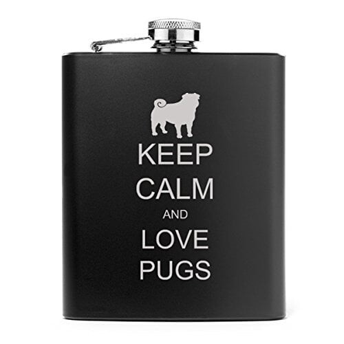 Φιάλη ισχίου από ανοξείδωτο ατσάλι 7oz Keep Calm and Love Pugs (μαύρη)