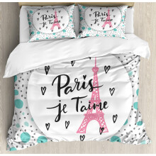 Paris Duvet Cover Set, I Love You Lettering, Europe Architecture Print, with 1 Duvet Cover & 2 Pillowcases, Turquoise Grey