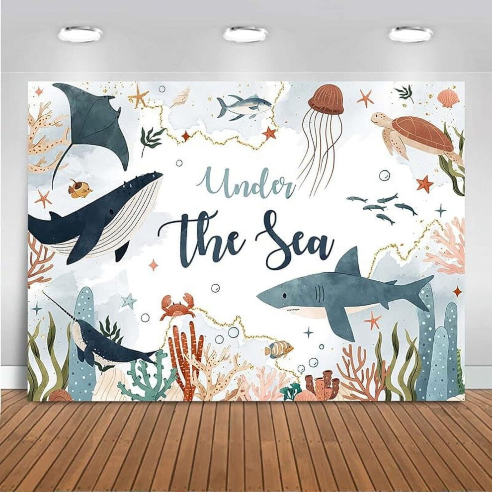 Under The Sea Shark Baby Shower Backdrop, Baby Shark Ocean Party Decor For Boy, Watercolor Birthday Banner & Photography Background Coral 9482726616337