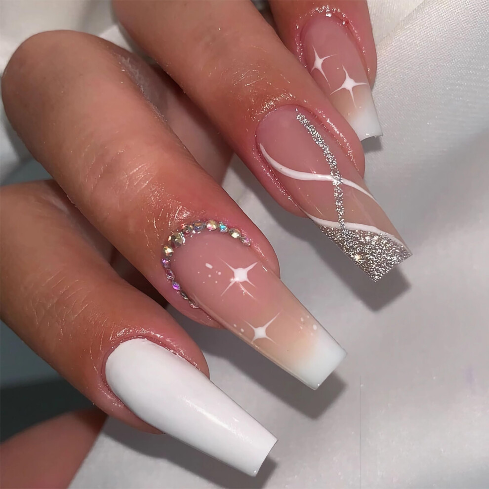 Long Square Press On Nails with Glue, Gradient Acrylic False Nails, Luxury Rhinestone Bling, 24pcs