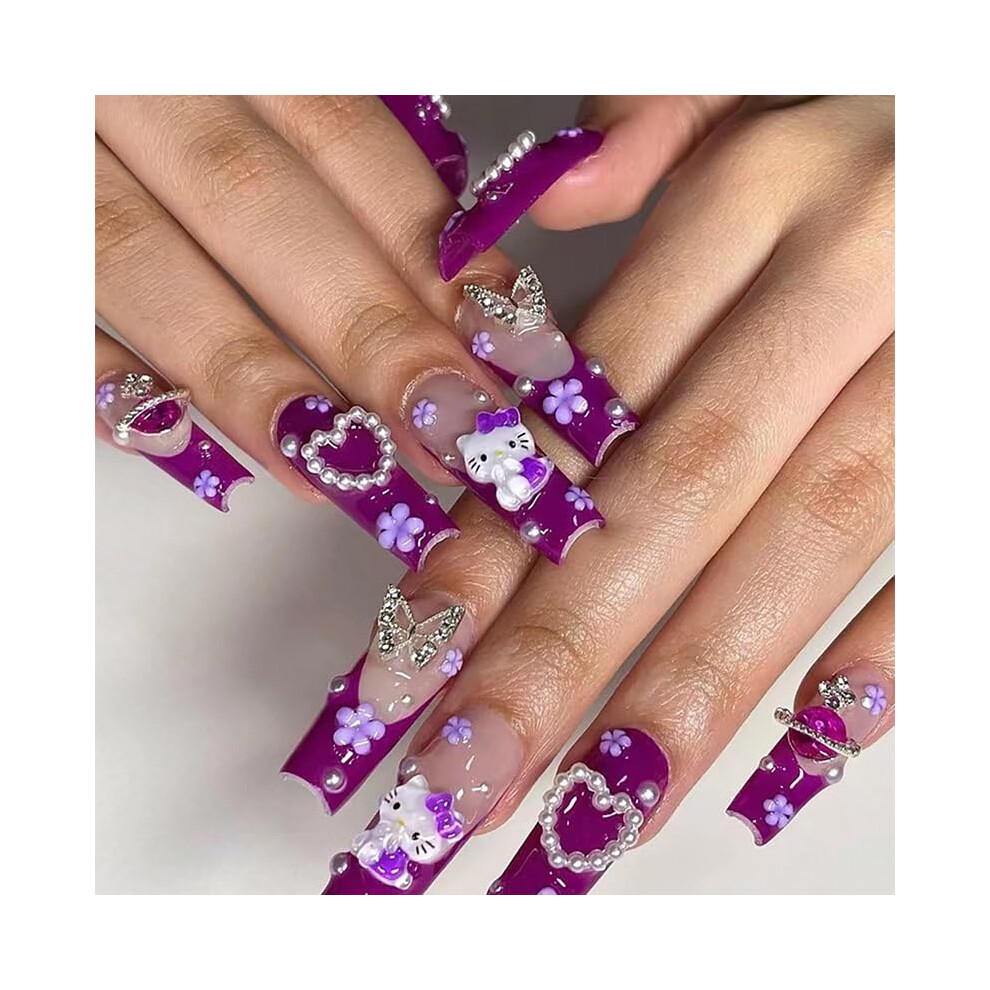 Purple Long Coffin Press On Nails With Butterfly Flower Charms, Acrylic Fake Nails With Glue