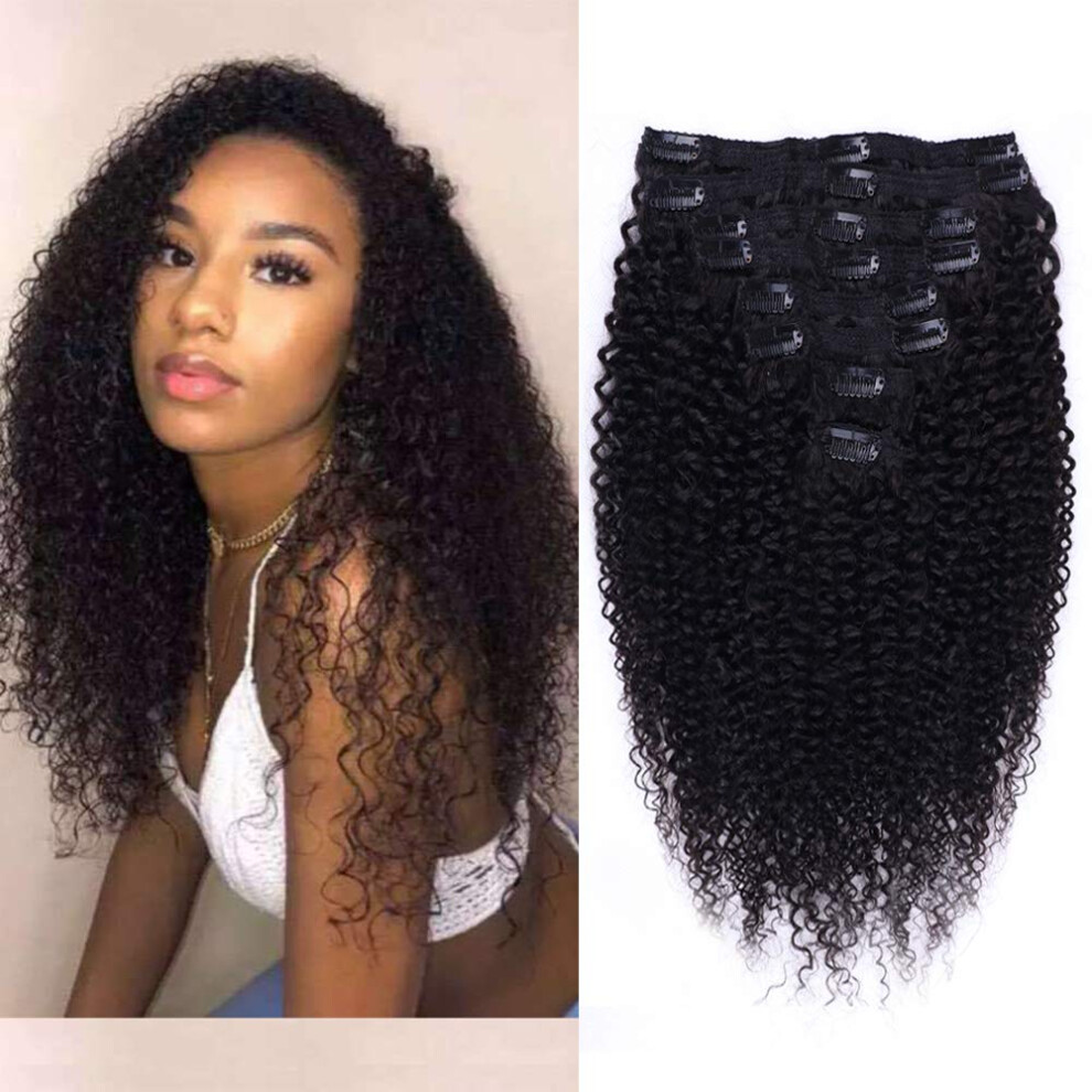 Curly Clip in Hair Extensions 14 Inch Brazilian Virgin Kinky Curly Human Hair for Black Women 3C 4A Full Head Set Natural Black with 18 Clips