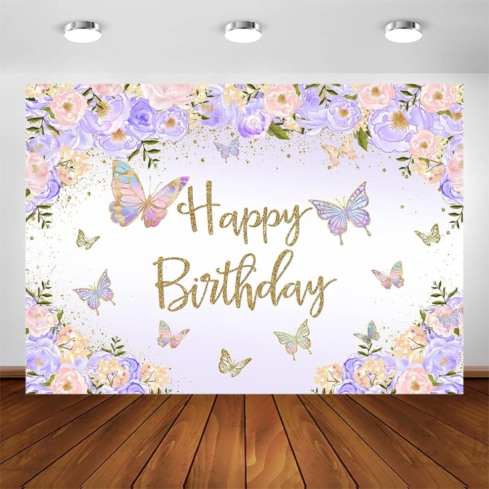 Butterfly Birthday Backdrop For Girls, Floral Pastel Butterflies Background With Pink Lilac Gold Wishes & Butterfly Kisses Party Purple/Peach 9389440350137