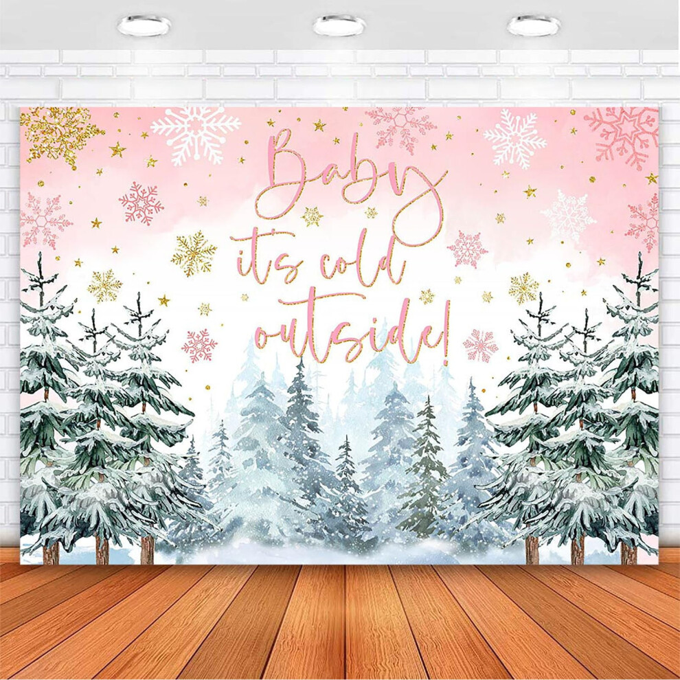 Winter Baby Shower Backdrop - "Baby It's Cold Outside" Pine Tree Snowflakes, Photography Background, Gender Neutral Gold/Pink 9395123463445