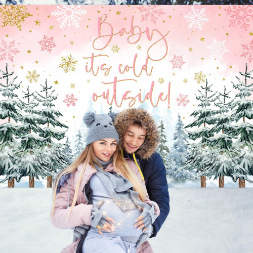Φόντο για χειμερινό baby shower - "Baby It's Cold Outside" Χιονονιφάδες πεύκου, Χρυσό ροζ φόντο 1