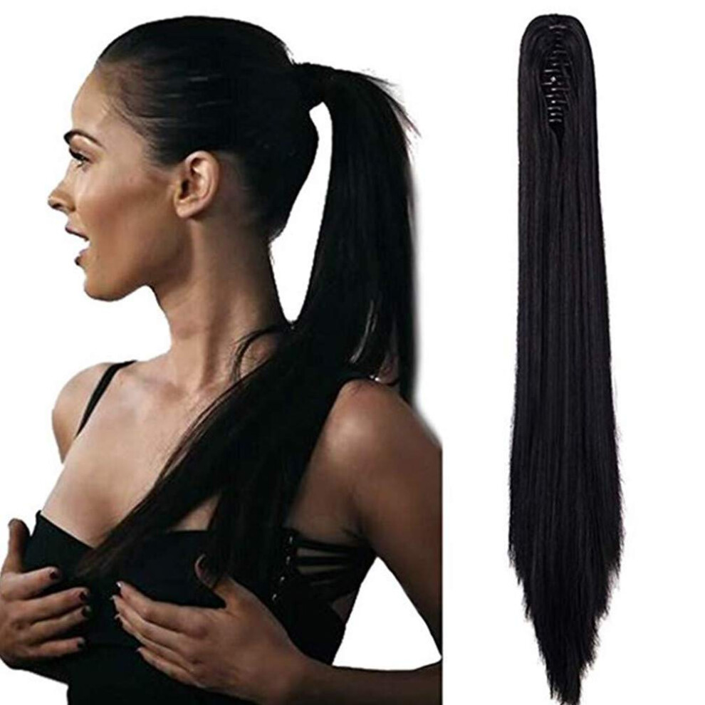 Unisex Brown 22 Inch Straight Human Hair Ponytail Extension With Claw Clip, Light Remy For Instant Volume