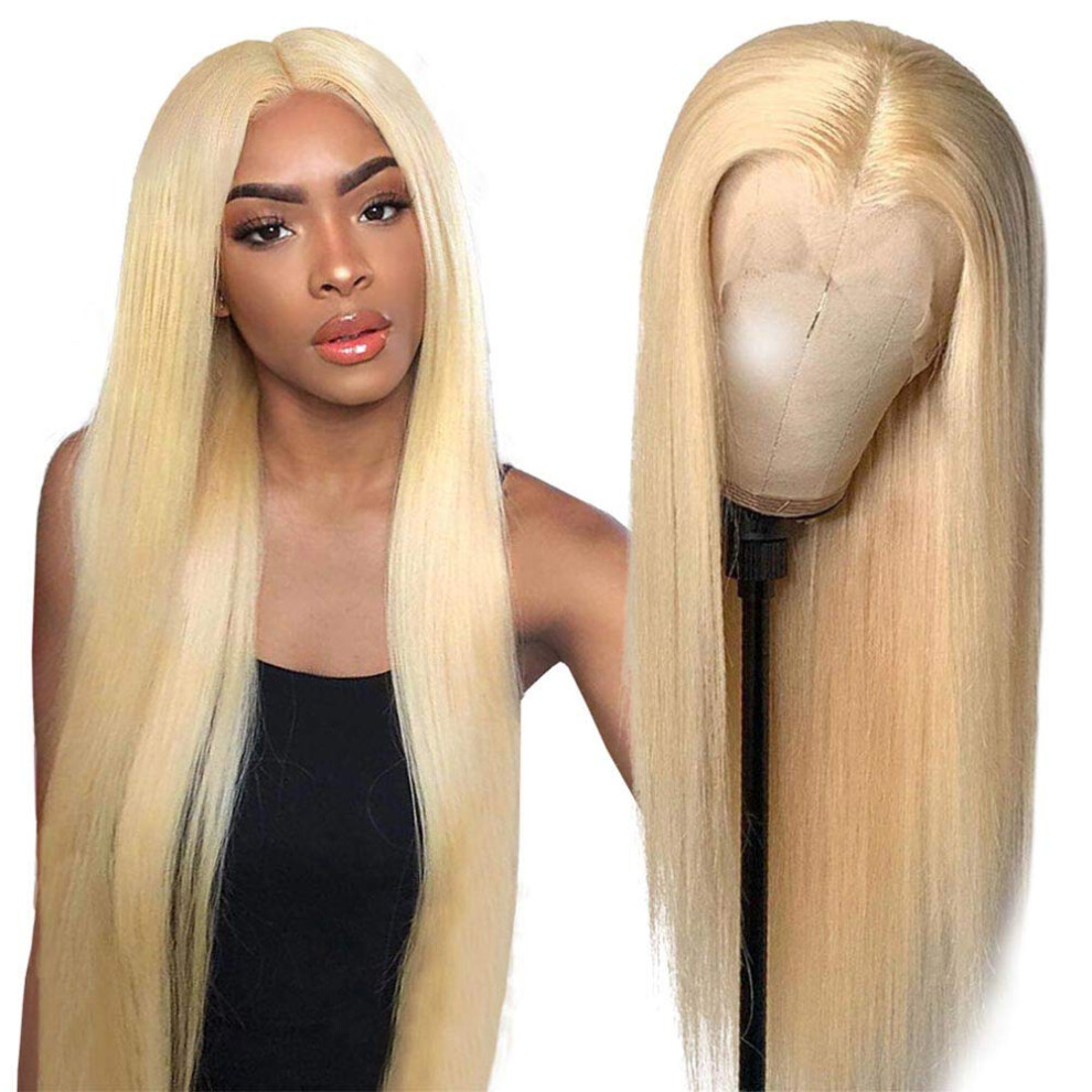 Unisex 613 Blonde Lace Front Wig Brazilian Human Hair 26 Inch Straight Preplucked Transparent Lace