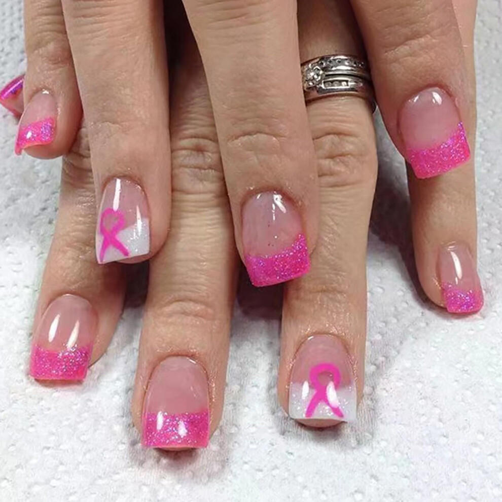 Pink French Tip Press On Nails Short Square Fake Nails With Awareness Ribbon For Women 24Pcs