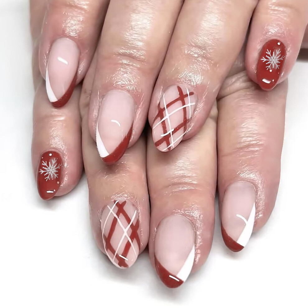 Red,Cream Christmas Press On Nails Short Almond Red Nude French Tip Snowflake Design Glue On Nail Kit 24Pcs