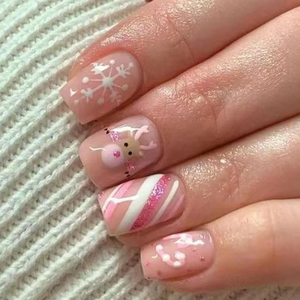 Pink Christmas Square Press On Nails Short Fake Nails With Deer Snowflake Candy Cane Design 24Pcs