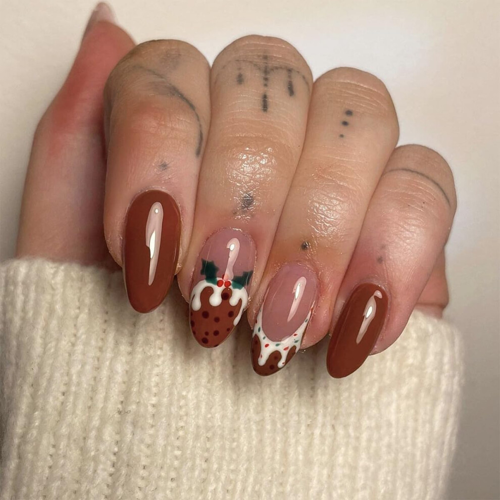 Red Almond Press On Nails With Strawberry Design, Medium Length Glossy Fake Nails Set 24Pcs
