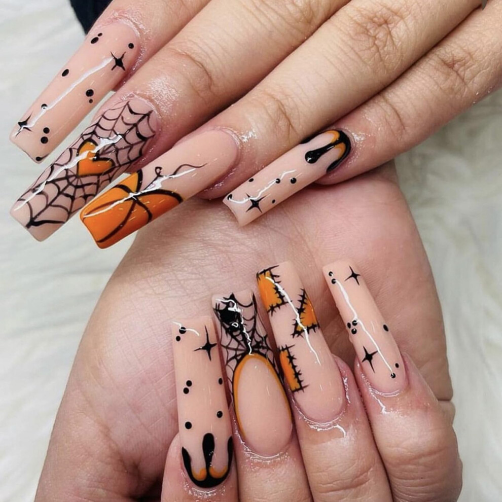 Halloween Coffin Press On Nails with Pumpkin Spider Web Blood Design, Glossy Reusable Fake Nails 24pcs