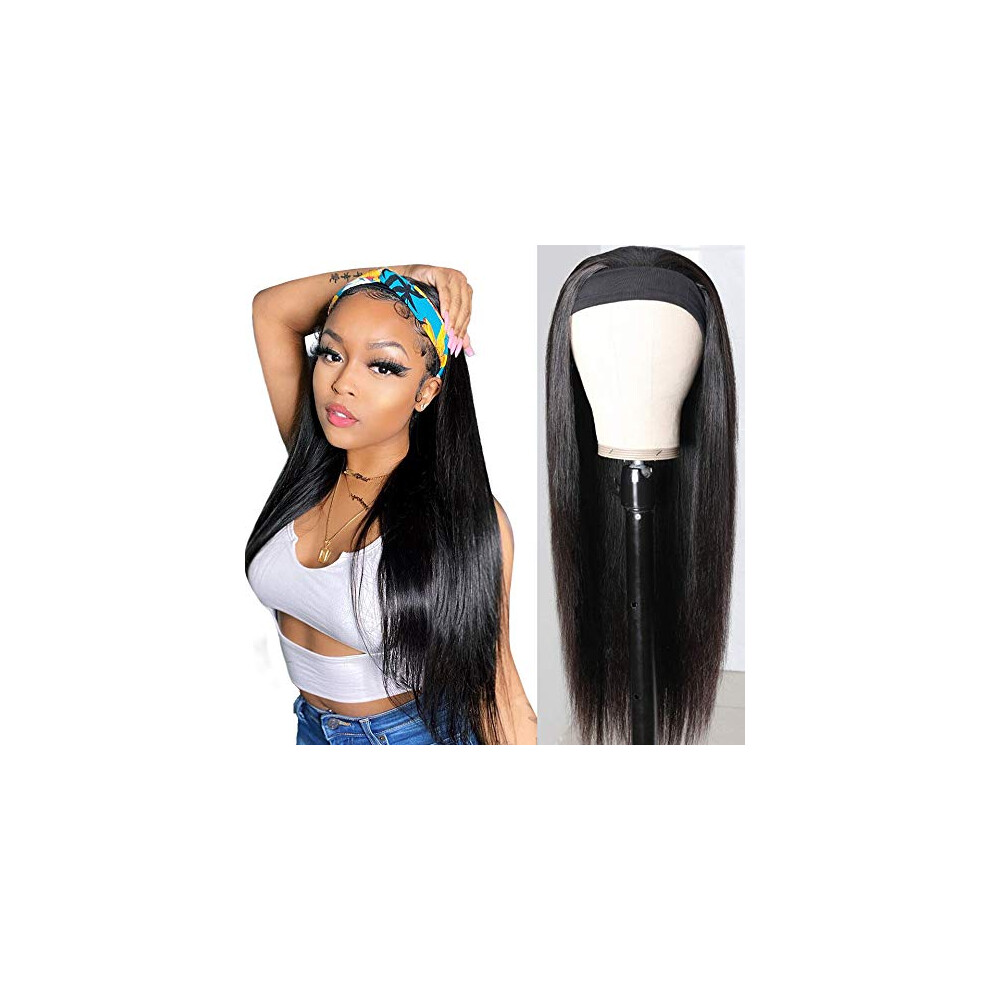Human Hair Headband Wig Brazilian Straight Glueless 180% Density Natural Black 16 Inch