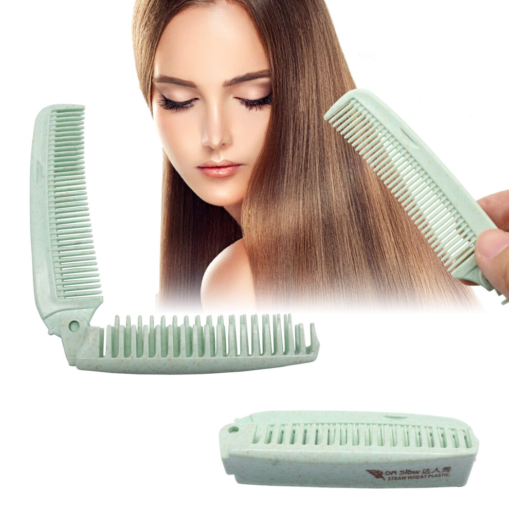 Green Portable Folding Hair Brush With Dual Heads Antistatic Wheat Straw Travel Pocket Comb