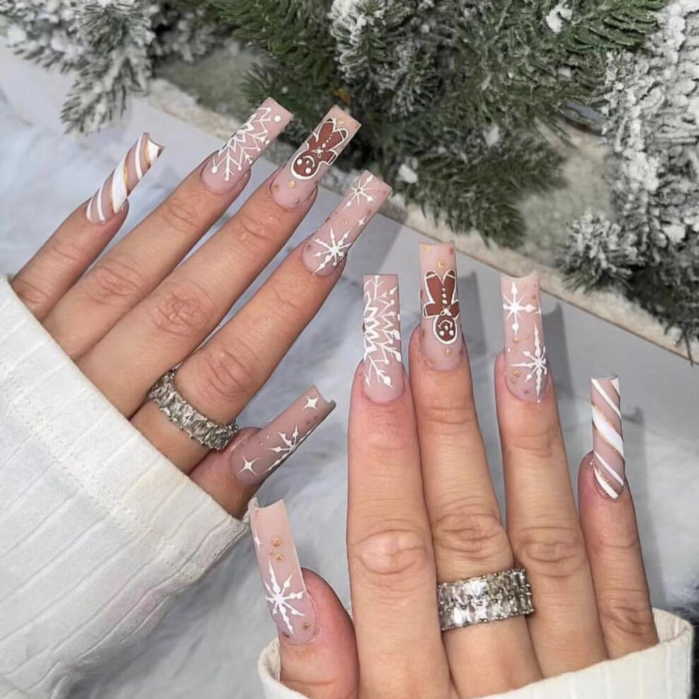 Christmas Press on Nails Long Square Acrylic Set with Glue, Festive Glossy Reusable Holiday Tips 24Pcs
