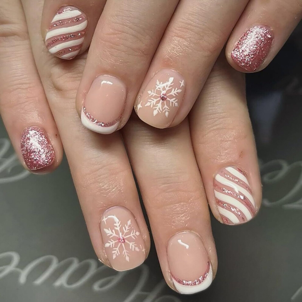 24pcs Short Square Christmas Press On Nails, French Tip Glitter Snowflake Reusable Acrylic Fake Nails