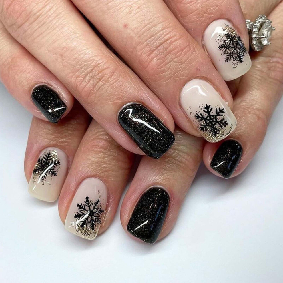 Christmas Press on Nails Short Square Fake Nails with Glitter Snowflake Design Acrylic 24pcs