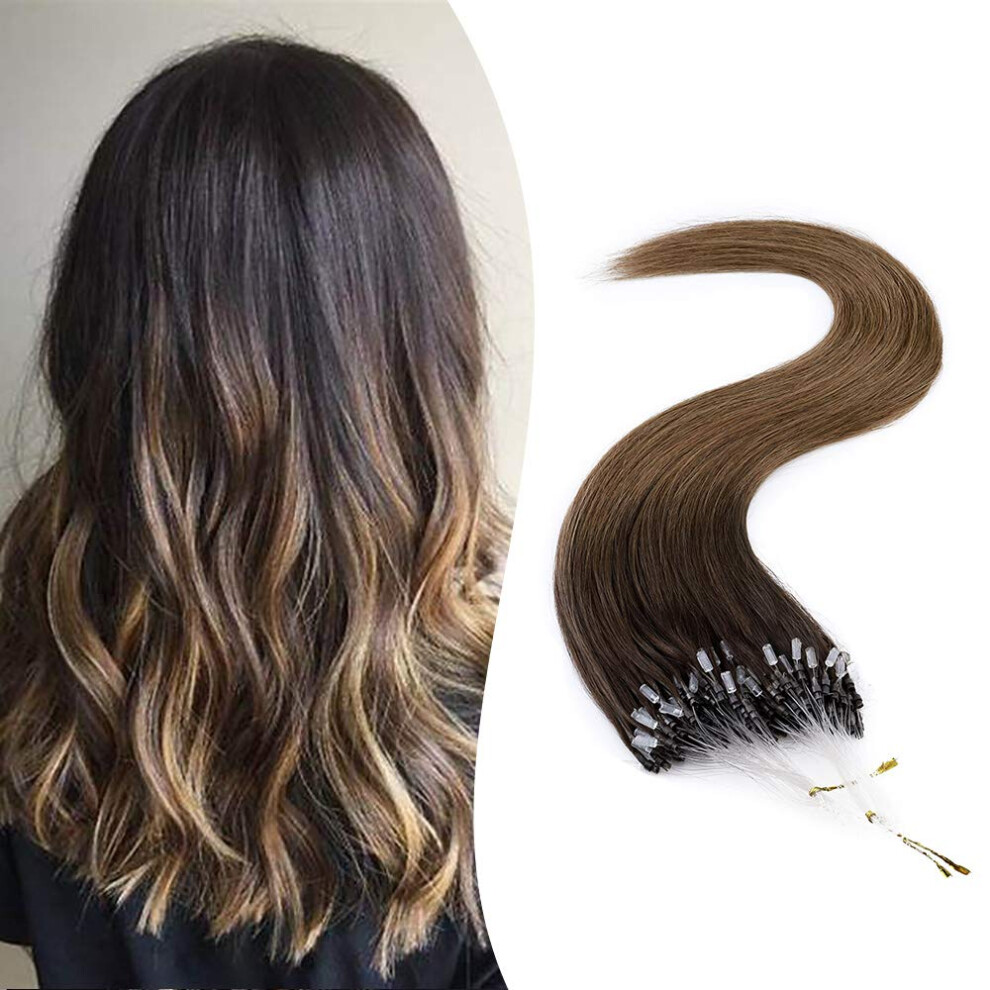 Unisex Brown Micro Loop Hair Extensions Remy Human Hair 20 Inch 100 Strands Ombre Nano Ring Tipped