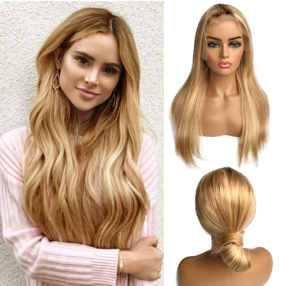 Unisex Blonde Highlights Human Hair Lace Front Wig 14 Inch Ombre Balayage Straight Remy 150% Density Pre Plucked Hairline
