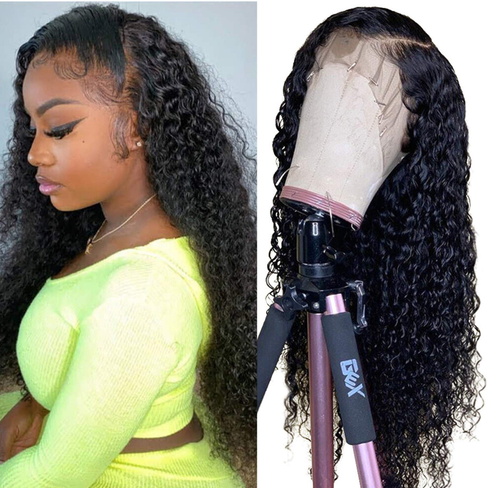 Unisex Black Human Hair Lace Front Wig Kinky Curly 13X4 Pre Plucked Malaysian Remy Glueless Natural Hairline 18 Inch