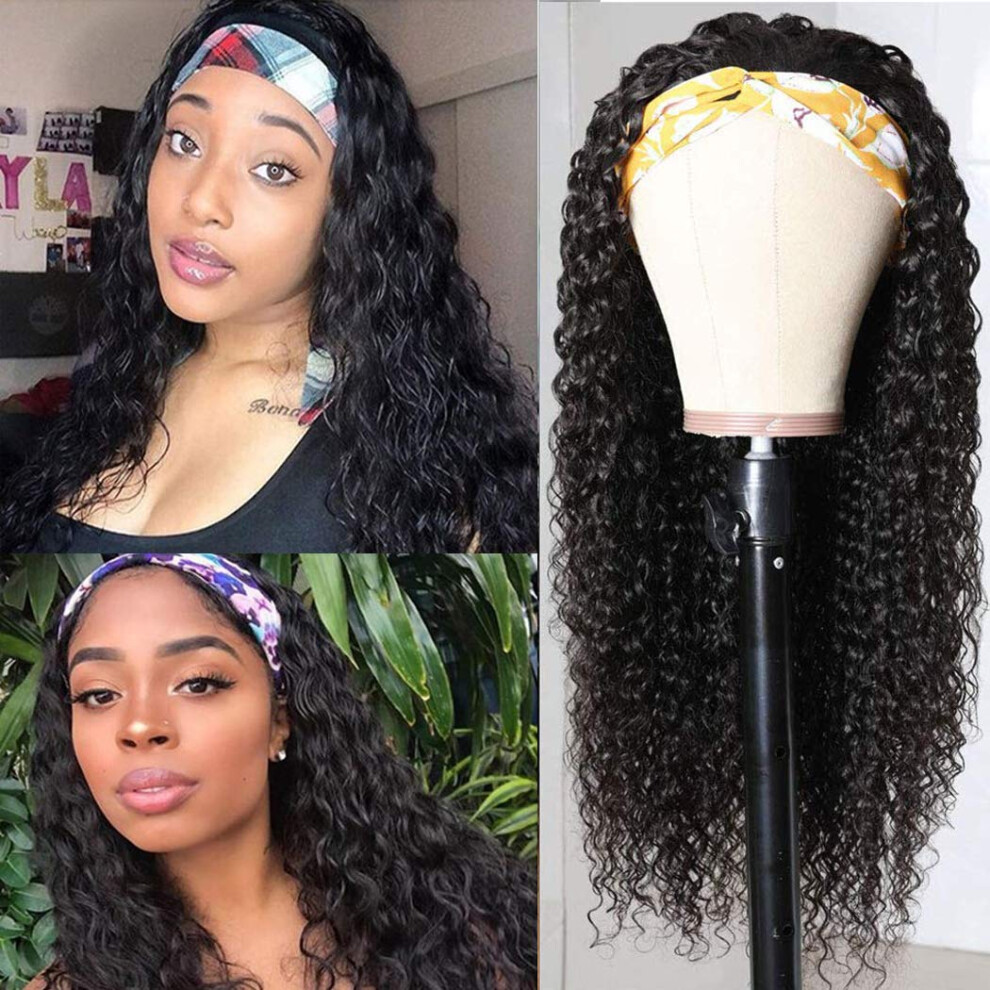 Headband Wig Human Hair Deep Wave Brazilian Glueless 150 Density for Black Women 16 Inch