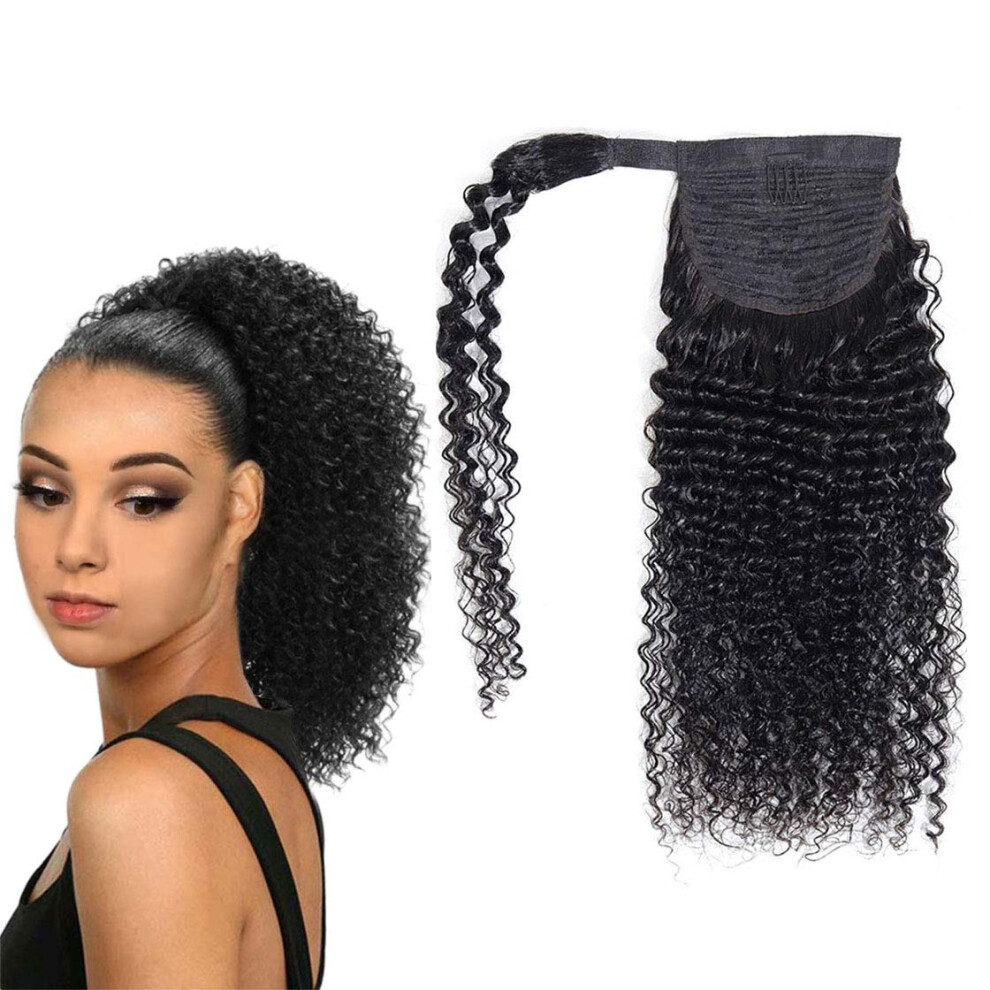 Unisex Black 20 Inch Kinky Curly Human Hair Ponytail Extension Natural Remy Hair Wrap Around Clipon