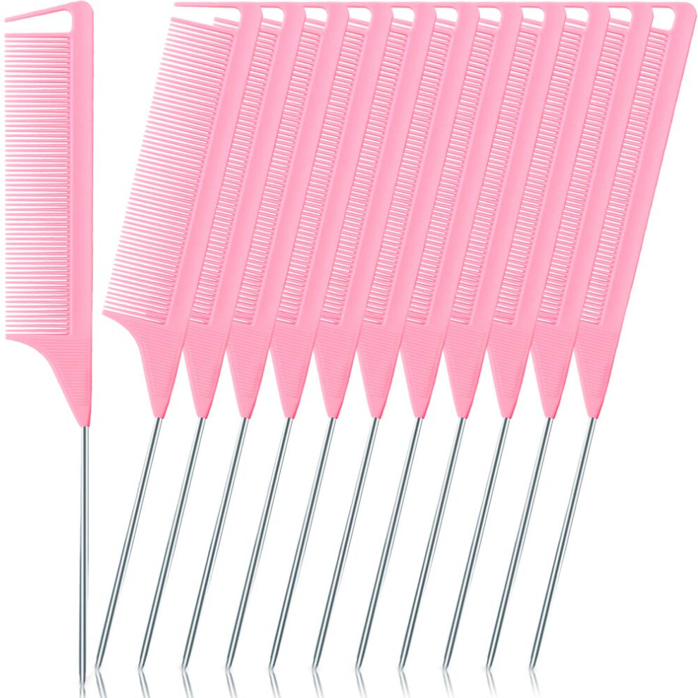 Unisex Pink Carbon Fiber Hairdressing Comb Set, Heat Resistant Anti Static Rat Tail Combs For Salon Styling, 12Pcs