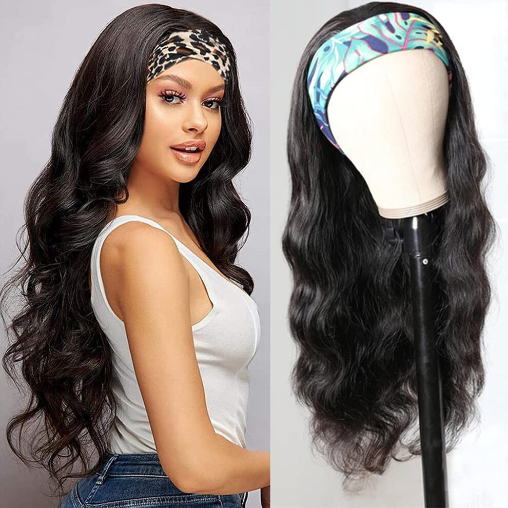 Unisex Black Body Wave Headband Wig Brazilian Virgin Human Hair Glueless Natural Hairline For Women