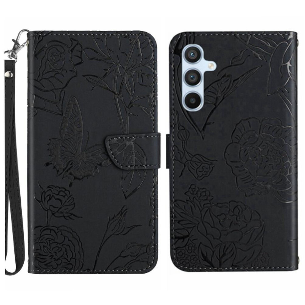 Flip Case For Compatible With Samsung Galaxy M55 5G, Wrist Strap, Pu Leather Anti-Drop Shockproof Cover With Flowers And Butterflies Design 9164030438262