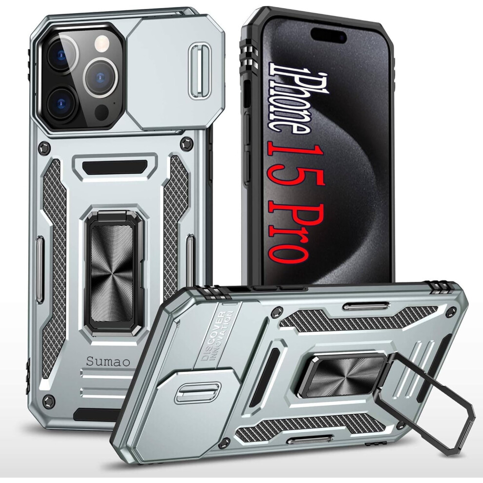 Sumao For Compatible With Iphone 15 Pro Case With Ring,Military Grade Shockproof Liquid Silicone Slim Phone Case-Silvery 9164030438347